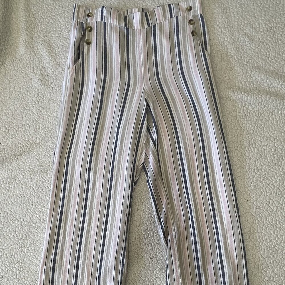 Zac & Rachel wide leg lien pants - pink, white, blue, beige stripes, size 12